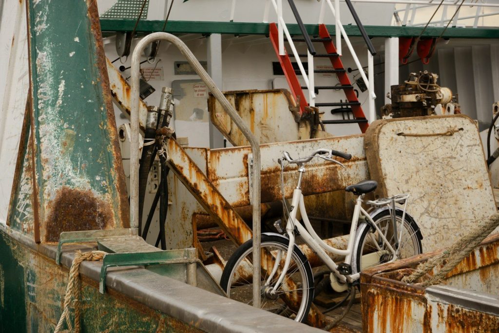 white bicycle beside brown wooden ladder