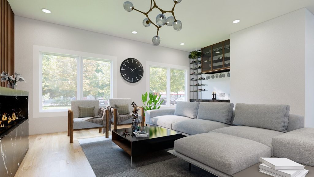 a living room with a large clock