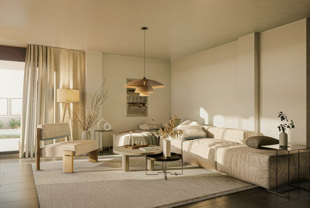 a living room filled with furniture and a large window