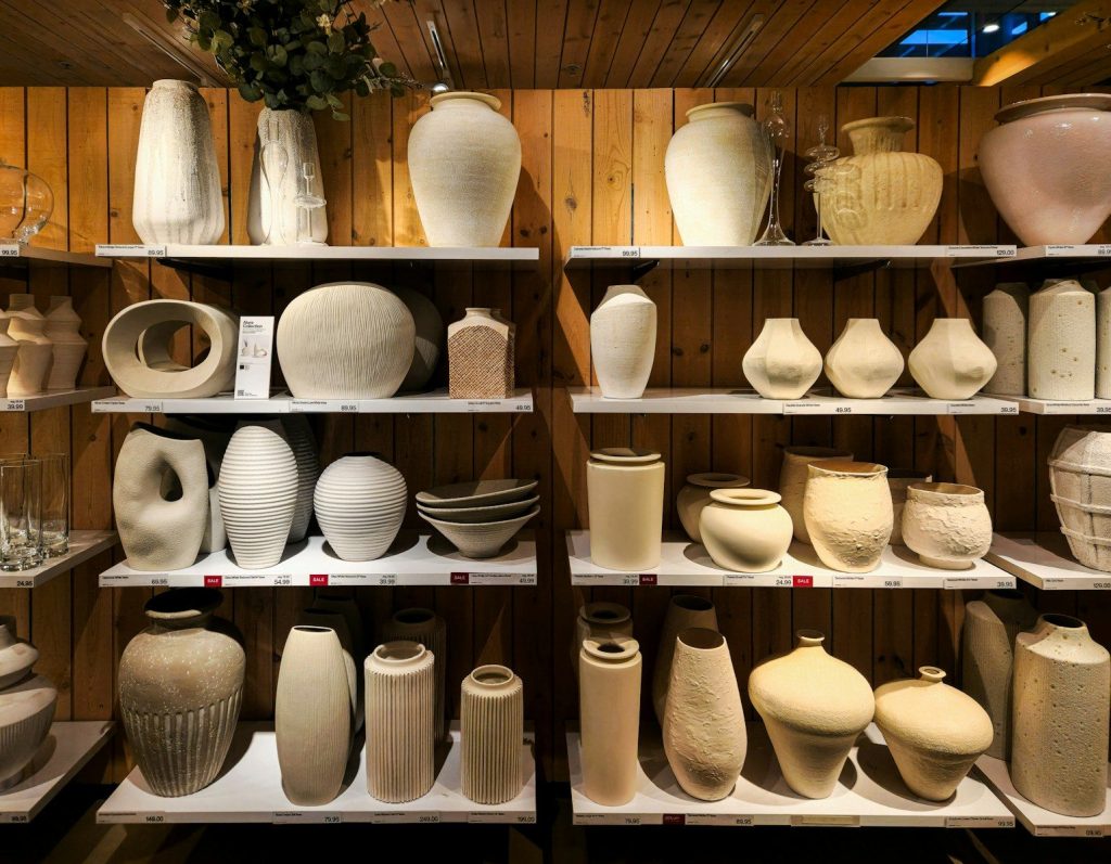 A display case filled with lots of white vases