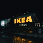 a large ikea store lit up at night