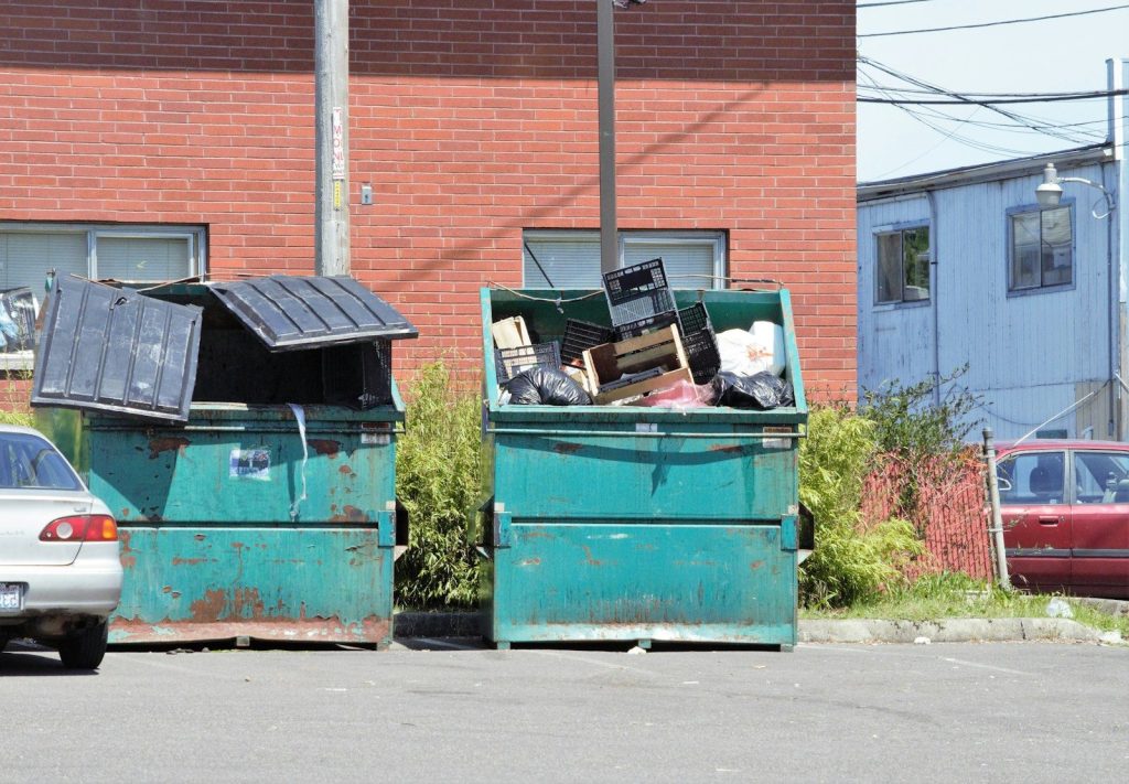 a couple of trash cans sitting in the middle of a street