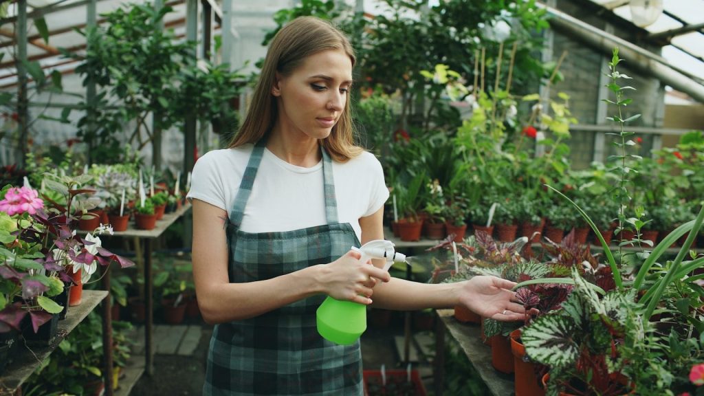 Woman watering plants in a greenhouse.
