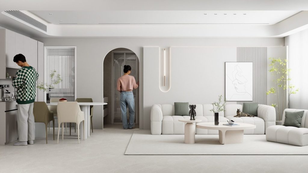 Two people in a modern, minimalist open-plan living space.