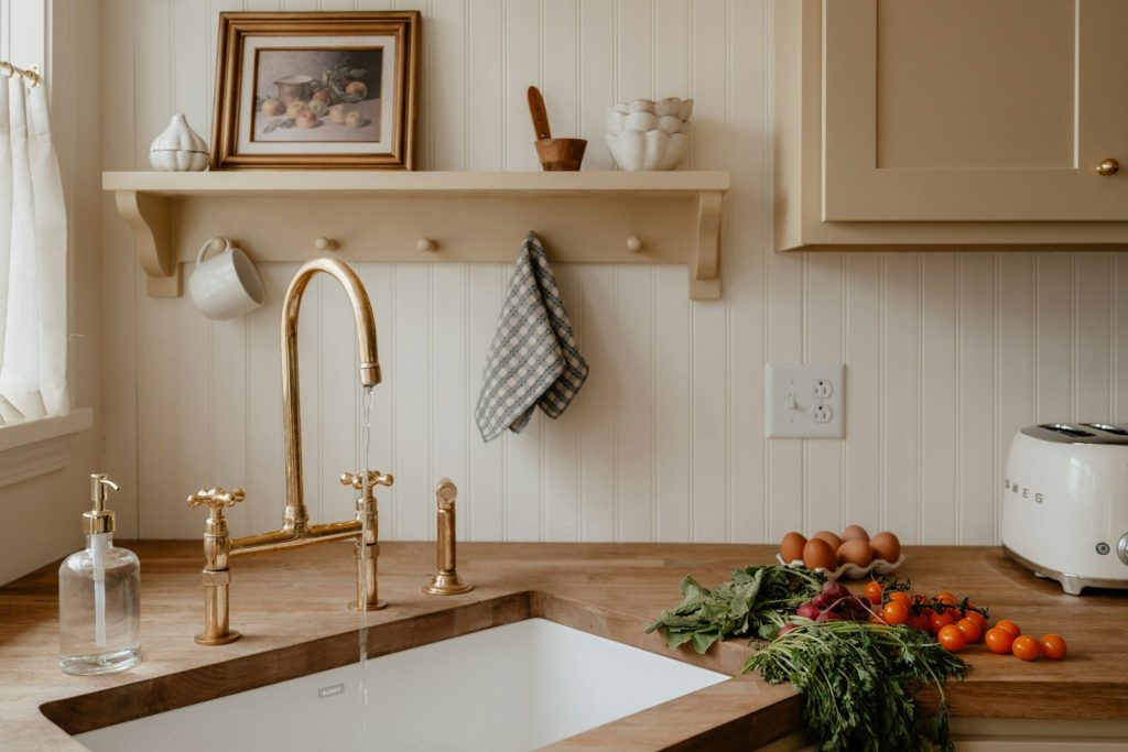Cozy kitchen scene with sink, shelf, and groceries.