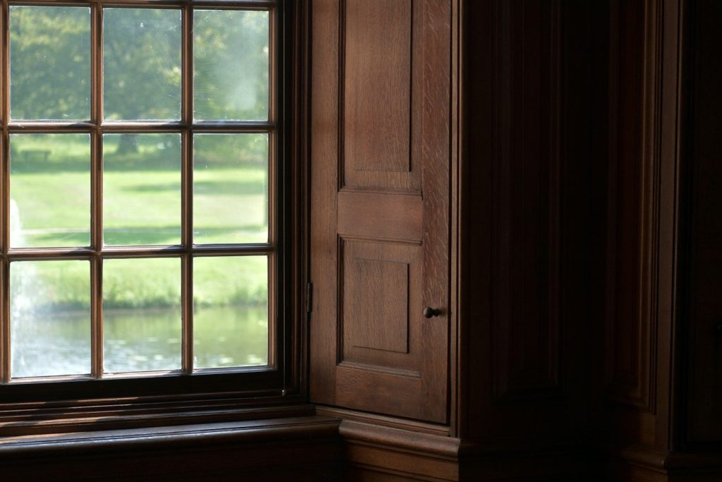 A window in a dark room with a view of a grassy field