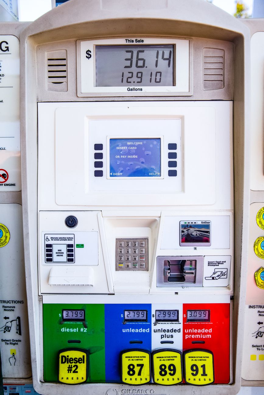 Gas pump with diesel and unleaded fuel options and digital screen in Los Angeles, CA.
