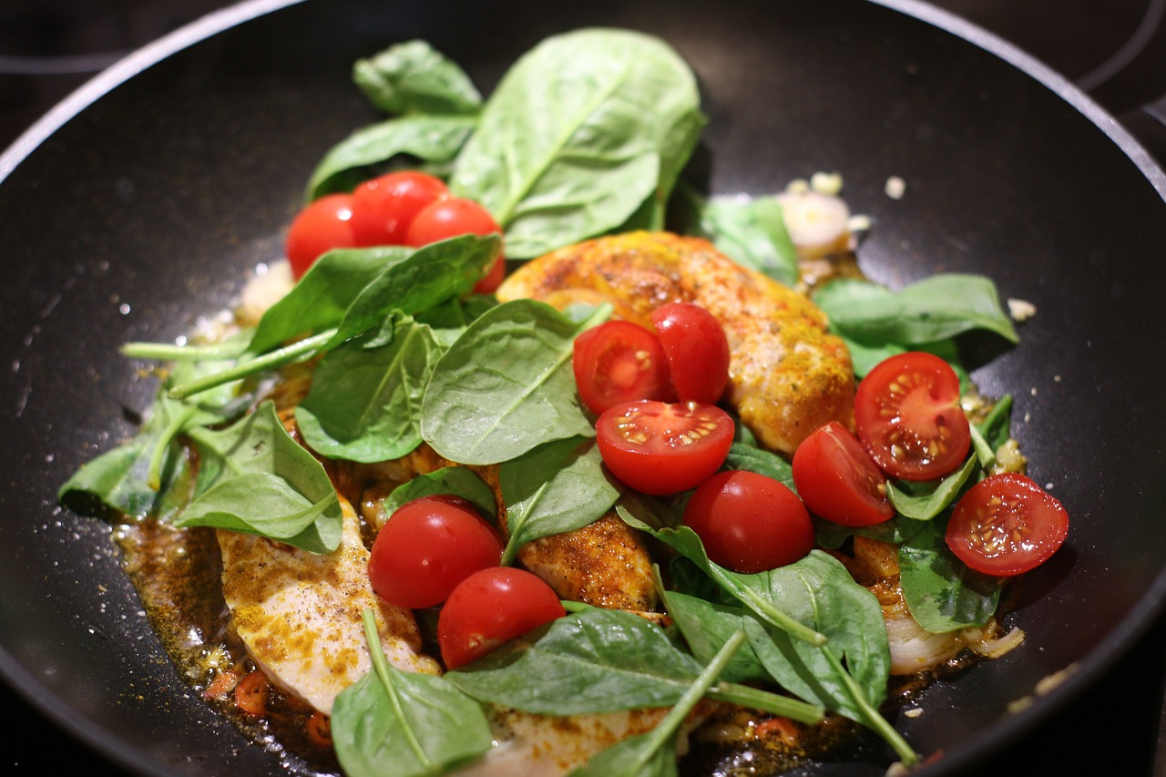 meal, pan, chicken, tomato