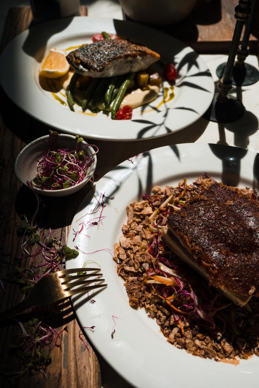 Close up of gourmet fish dishes with fresh greens and grains, artfully plated on a wooden table.