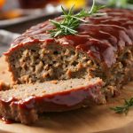a loaf of meatloaf on a cutting board with a sprig of