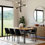 a dining room table in front of a window