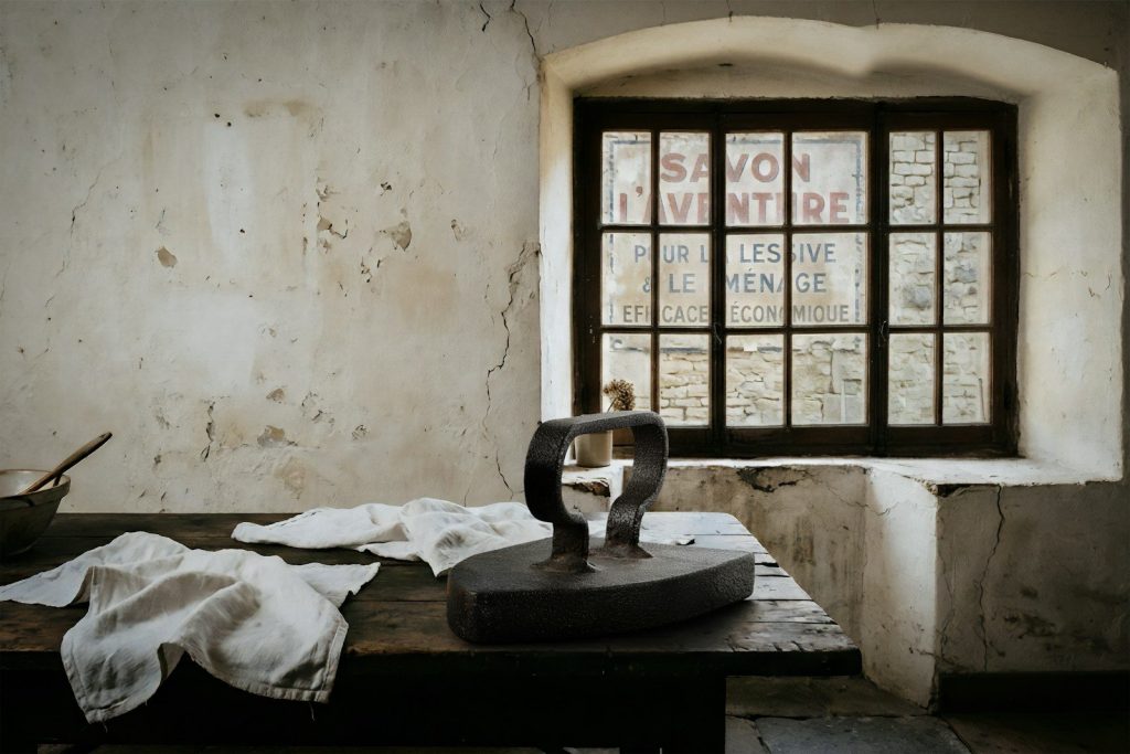 Antique iron on a wooden table with a window.