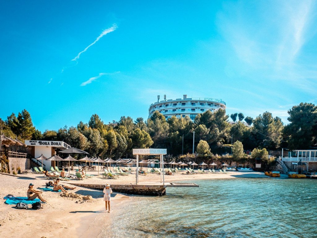 Beach resort scene on a bright, sunny day.