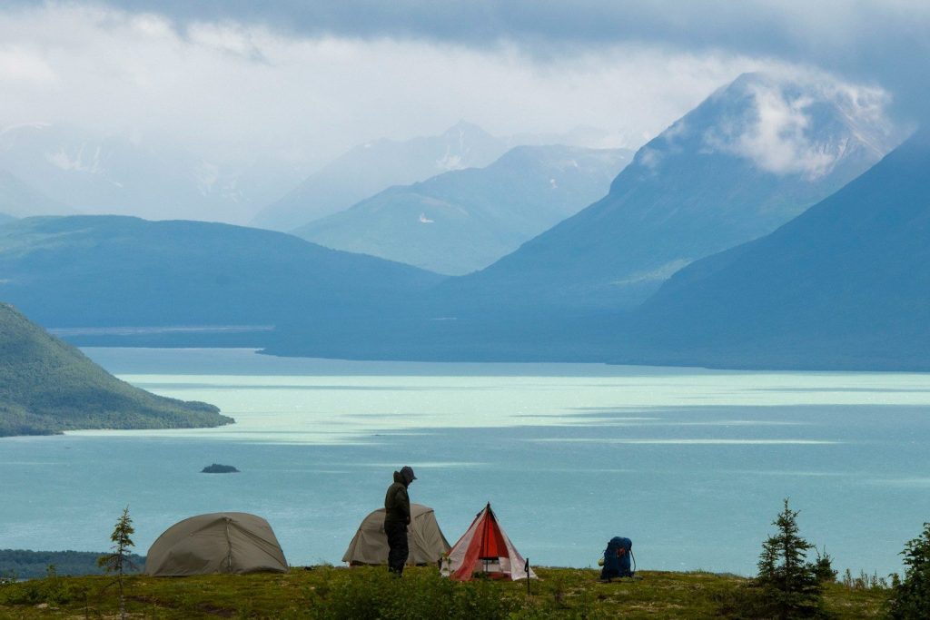 A couple of tents sitting on top of a lush green hillside