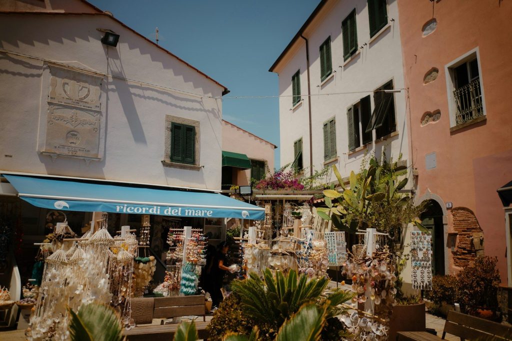 Sunny street with souvenir shop and plants