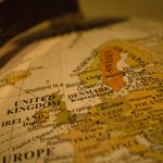 Close-up of a vintage globe showing europe.