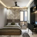 A bedroom with a bed and a desk