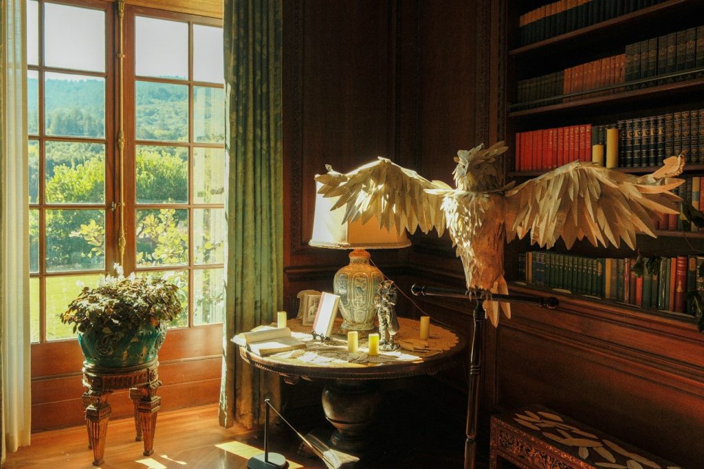 Ornate library with large window and owl decoration