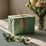 a green box with a tag tied to it sitting on a table next to a