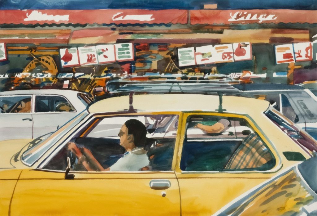 Yellow car in traffic with storefronts behind