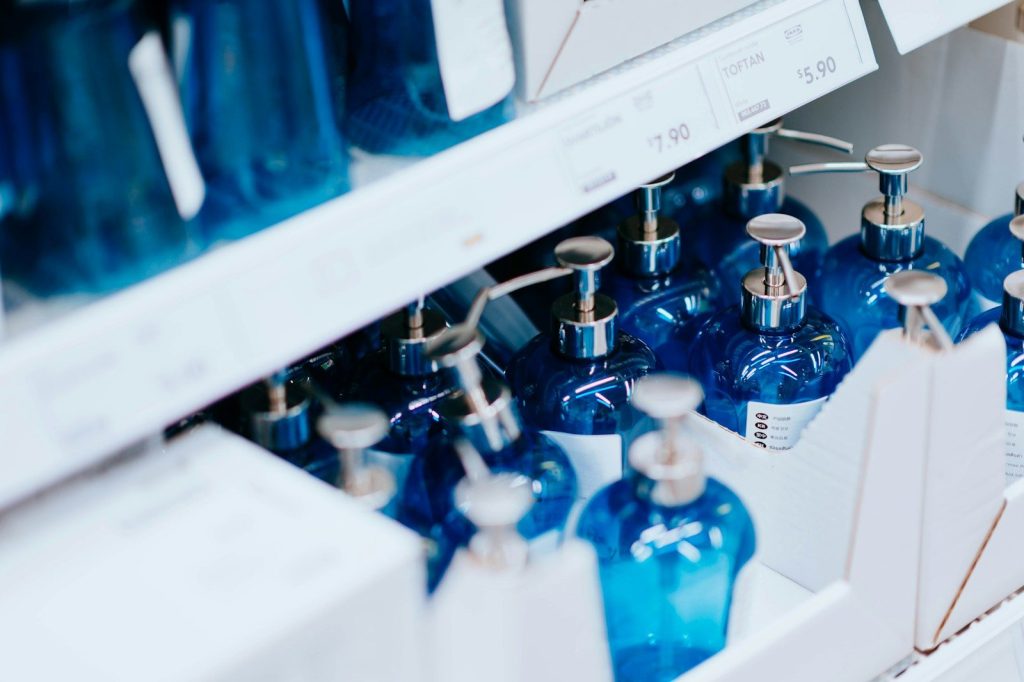 boxed blue pump bottles