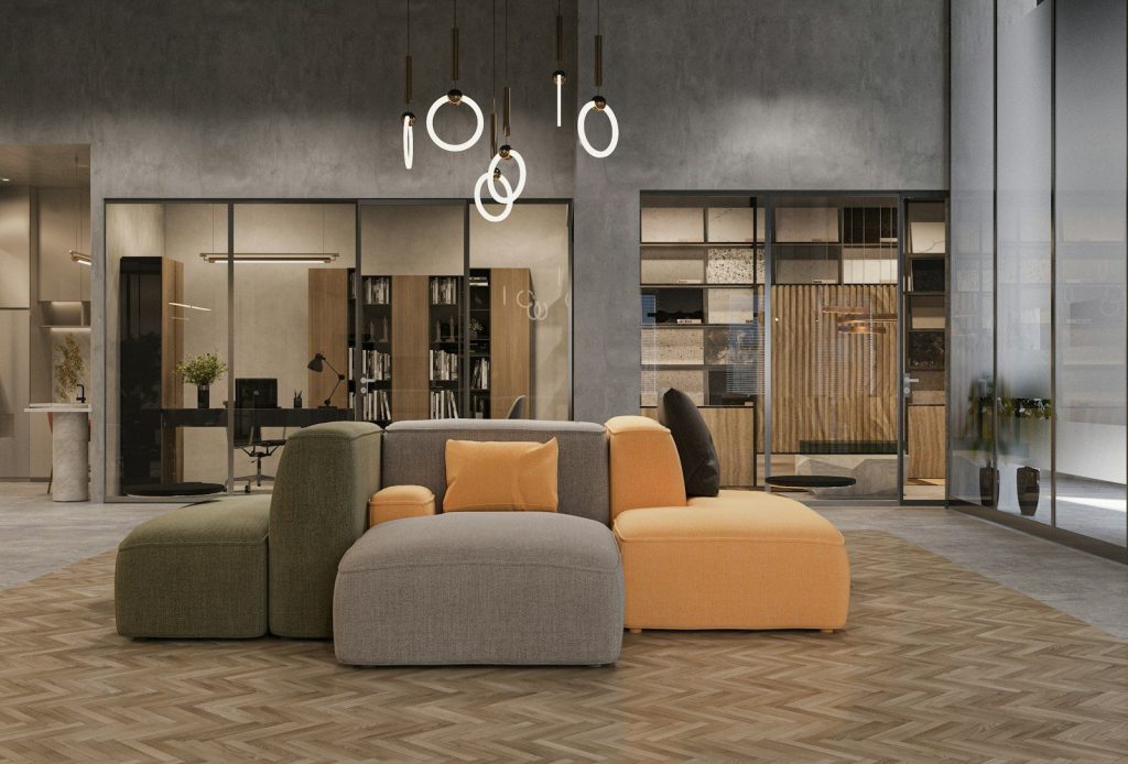a living room with a couch and a chair in it
